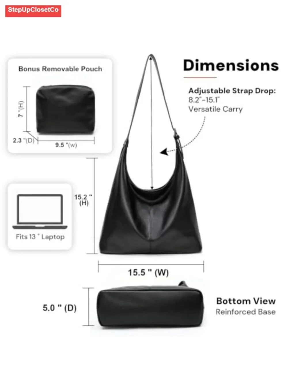 Vegan Leather Slouchy Hobo Bag with Pouch, Laptop Tote